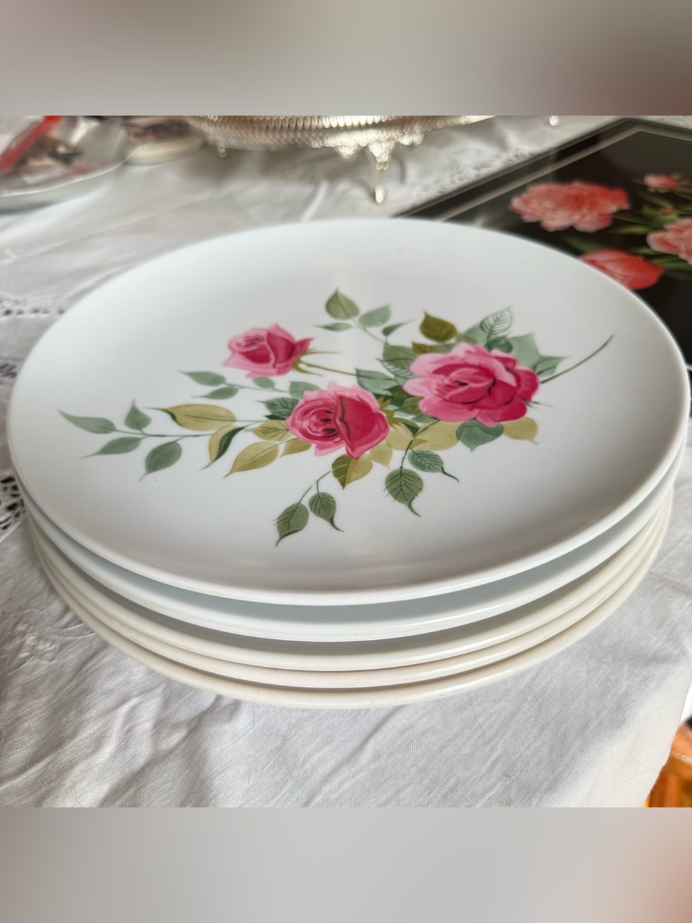 Vintage Melmac Melamine Dinner Plates with Pink Rose Floral Design set of 6